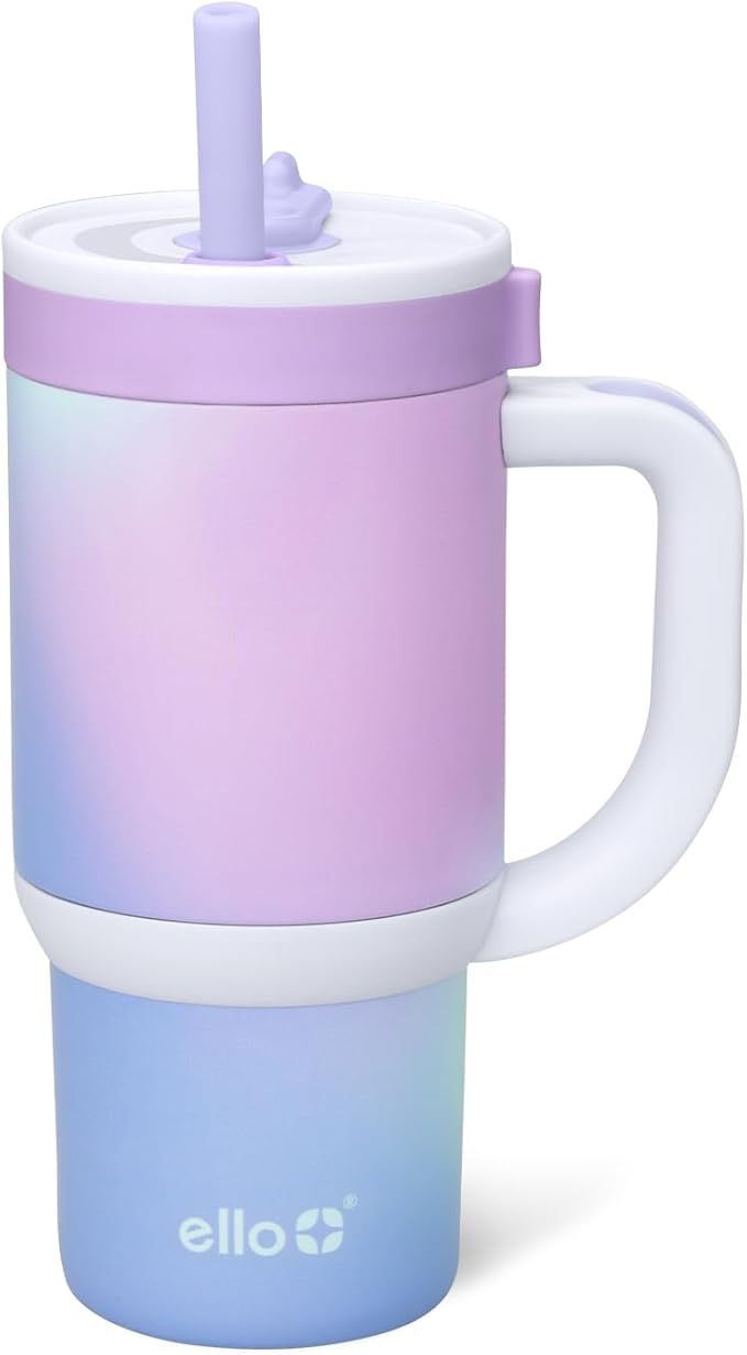 Ello Oasis 14oz Stainless Steel Toddler Tumbler with Handle & Retracting Straw, 100% Leakproof, Double-Wall Vacuum Insulated, Kids Water Bottle for School, BPA Free, Dishwasher Safe, Purple Swirl - Bloomnest