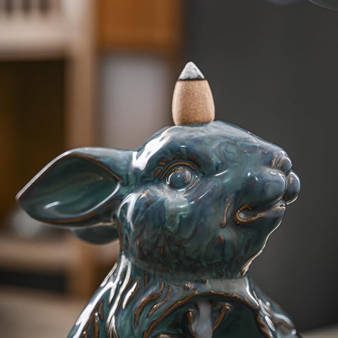 Cute Rabbit Bunny Animal Waterfall Backflow Incense Holder for Sticks,Ceramic Incense Burner with Mat,Tweezers for Home Aromatherapy Ornament Decor AI019 - Bloomnest