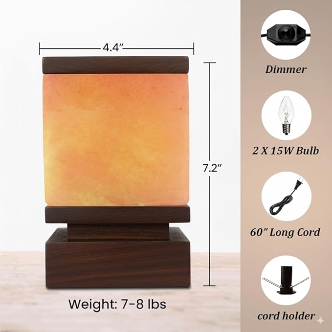 POHS 100% Authentic Cube Shape Himalayan Pink Salt Lamp with Brown Wooden Base, Dimmer Switch Cord and Two Bulbs, Night Light for Home and Office Table and Desk, Gift and Decor