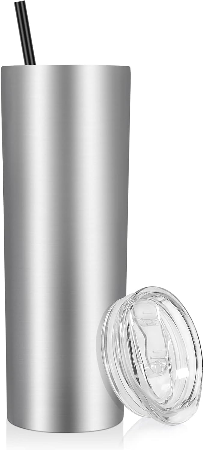 VEGOND Stainless Steel Skinny Tumbler, 20 oz Vacuum Insulated Tumbler with Lid and Straw, Double Wall Coffee Cup, Travel Mug for Cold Hot Drinks, Stainless Steel 1 Pack - Bloomnest