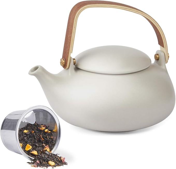 ZENS Vintage Japanese Teapot with Strainer, 27oz Matte Ceramic Loose Leaf Teapot with Infuser, Wood Handle Gray Japanese Teapots Hot Tea Brewer Pot for Women, Tea Lovers Gifts - Bloomnest