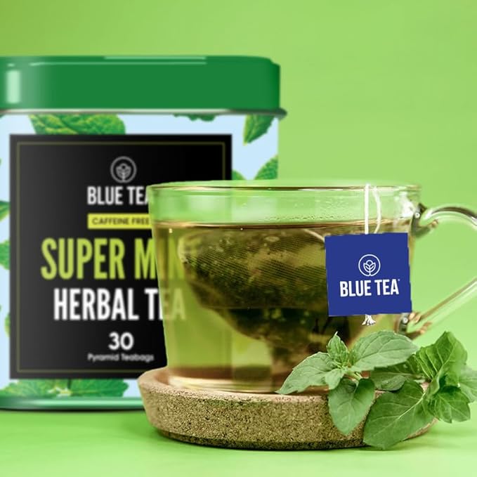 BLUE TEA - Super Mint Tea - 30 Count - Pyramid Plant Based Tea Bag | Super Antioxidant | Herbal Tea - Caffeine Free - Non-Bitter - Calming Tea - Vegan - Non-GMO - 100% Natural | Tin Pack - Bloomnest