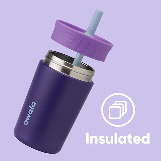 Owala Kids Insulation Stainless Steel Tumbler with Spill Resistant Flexible Straw, Easy to Clean, Kids Water Bottle, Great for Travel, Dishwasher Safe, 12 Oz, Purple (Peacock Palace) - Bloomnest