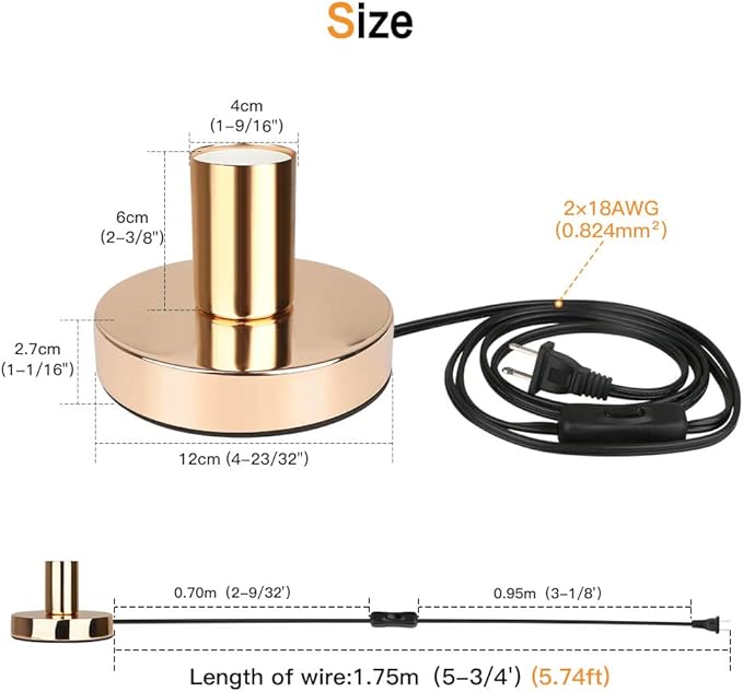 Helunsi Industrial Table Lamp, Gold E26 E27 Base Without Shade, Mini Short Desk Lamp Exposed Bulb, Simple Metal Edison Light Bulb Stand, 5.8ft Cord Switch Plug Holder - Bloomnest