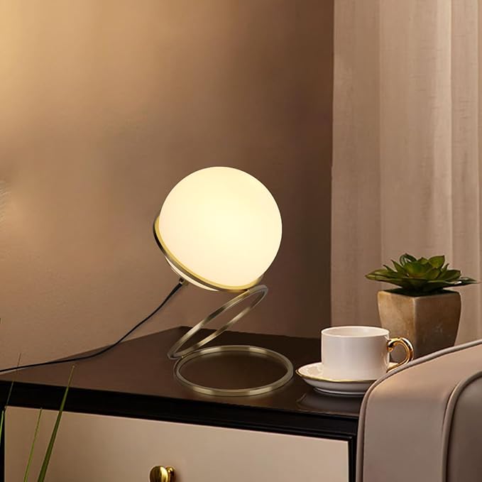 Mid Century Modern Table Lamp Glass Globe Table Lamps Minimalist Brass Table Lights for Bedroom Bedside Living Room Office Nightstand E26 Dimmable Switch Aesthetic Lamp - Bloomnest