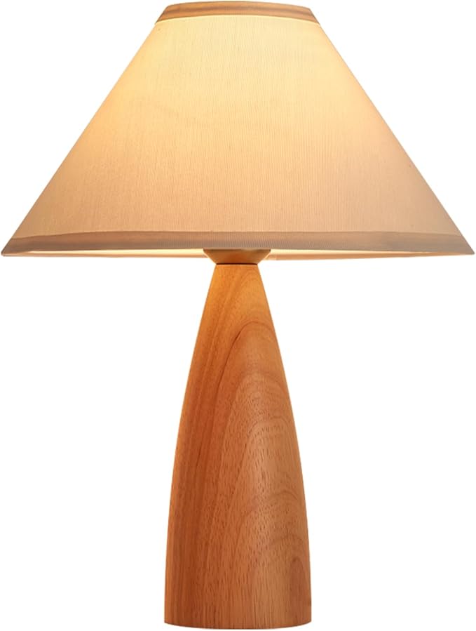 Bedside Table Lamp for Bedroom, Mid-Century Modern Plug in Fabric Shade & Solid Wood Base Desk Lamp, Plug & Play Natural Wood Nightstand Lamp for Living Room, Office, Switch Power Cord 【Bulb Included】 - Bloomnest