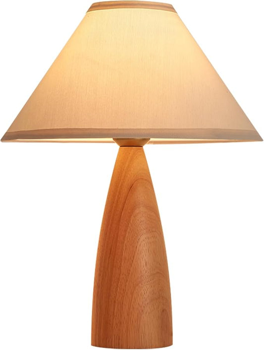 Bedside Table Lamp for Bedroom, Mid-Century Modern Plug in Fabric Shade & Solid Wood Base Desk Lamp, Plug & Play Natural Wood Nightstand Lamp for Living Room, Office, Switch Power Cord 【Bulb Included】 - Bloomnest