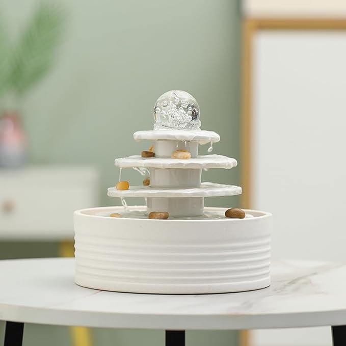 Outdoor and Indoor Ceramic Fountain Waterfall Water Feature Tabletop Home Office Kitchen Decoration (White)