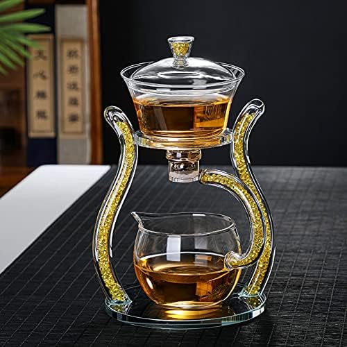 RORA Glass Teapot Set Semi Automatic Drip Rotating with Infuser Lazy Kungfu Tea pot Set (Yellow) - Bloomnest