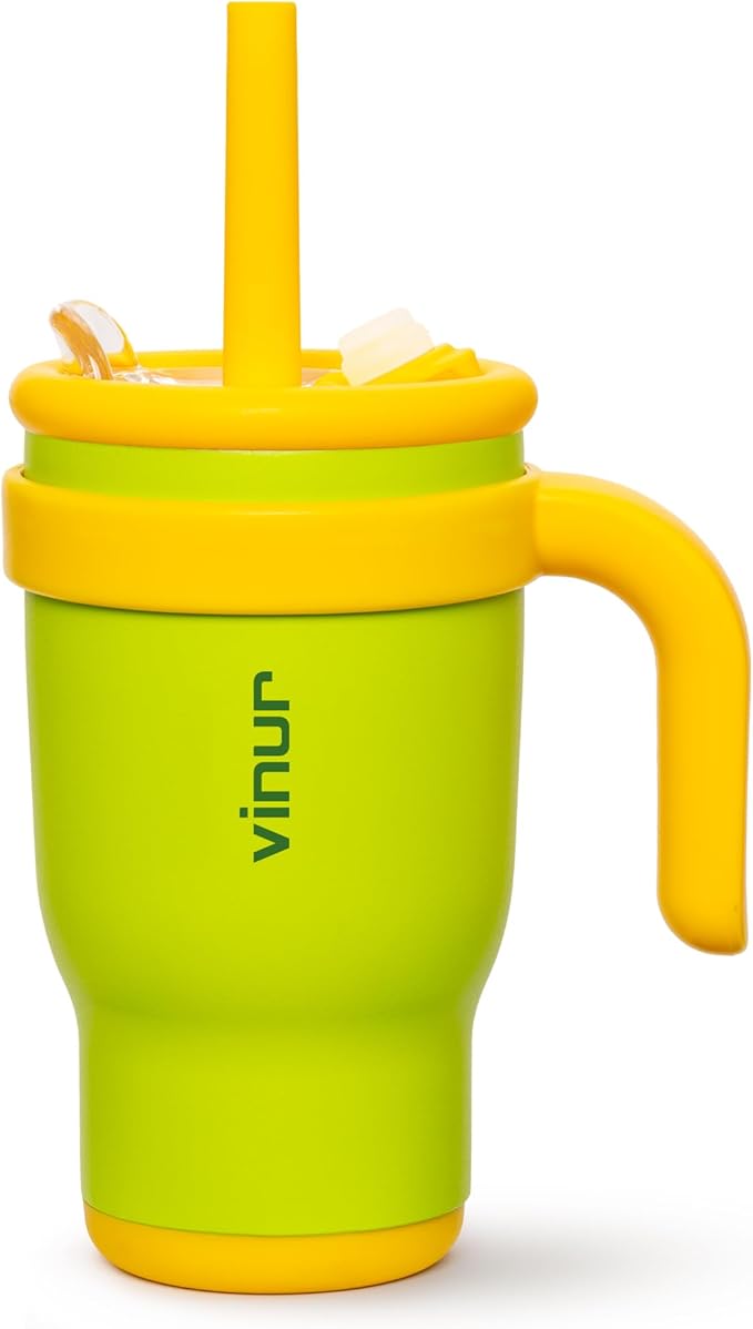 VINUR Kids Tumbler with Handle-14 oz Stainless Steel Double Wall Vacuum Insulated Tumbler with Lid and Straw, Travel Water Cup for Girls (Apple Green) - Bloomnest