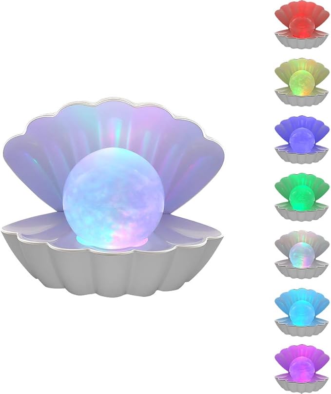 Shell Pearl Beach Themed Night Light, RGB 8 Colors Changing Mood Shell Pearl Lamps, Bedside LED Clamshell Portable Night Lights for Bar (White) - Bloomnest