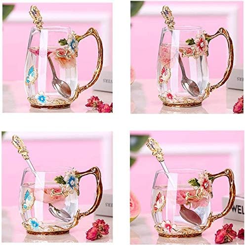 Luka Tech Enamel Butterfly flower Glass Mug with Spoon, Gifts For Women Wife Mom Friends Birthday Mothers Valentines Day Christmas (Blue-Tal) - Bloomnest