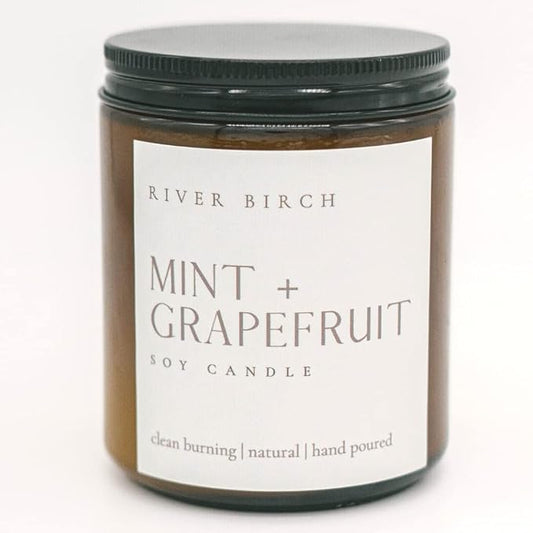 River Birch Candles Mint + Grapefruit Scented Candle | Premium, All-Natural, Non-Toxic, Soy Amber Jar Candles | 8.5oz 40 Hr Burn Time | Cozy Relaxing Gifts for Home - Bloomnest