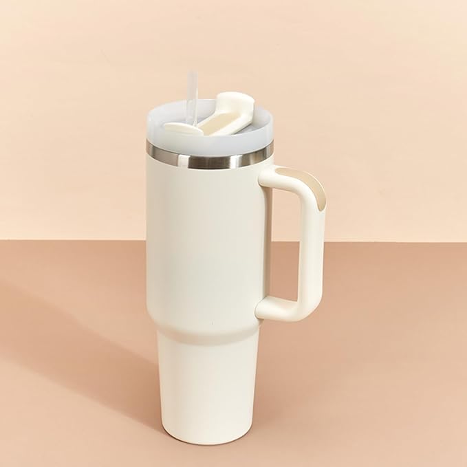 KooK Tumbler with Straw and Handle, 40 Oz, Stainless Steel, Vacuum Insulated Travel Coffee Mug, Reusable Double Walled Water Bottle, Keeps Hot or Cold (Antique White) - Bloomnest