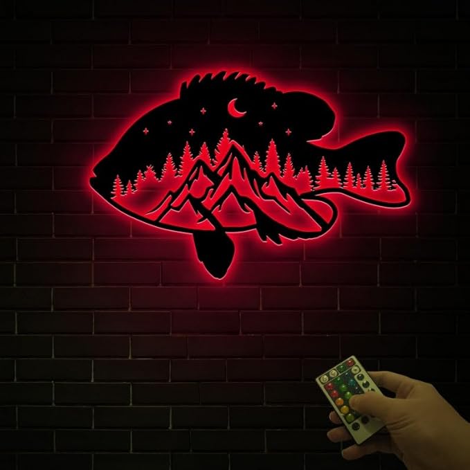 Personalized Neon Sign, Panfish Mountain Metal Wall Art Led Light, Fishing Gifts for Men, Gift for Dad, Fish and Trees Sign, Cabin Lodge Decor, Fisherman Gift - Bloomnest