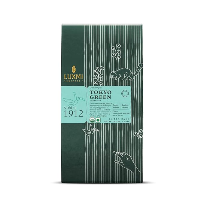 Luxmi Estates Tokyo Green Organic Green Tea (25 Tea Bags) Tea Bags For Relaxing, Calming, and Stress Relief, With Certified Organic Darjeeling Makaibari Green Tea - Bloomnest
