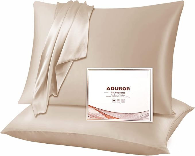 Adubor Silk Pillowcase 2 Pack for Hair and Skin with Hidden Zipper, Both Sides 23 Momme Silk Pillow Case (Beige, Standard: 20''x26'') - Bloomnest