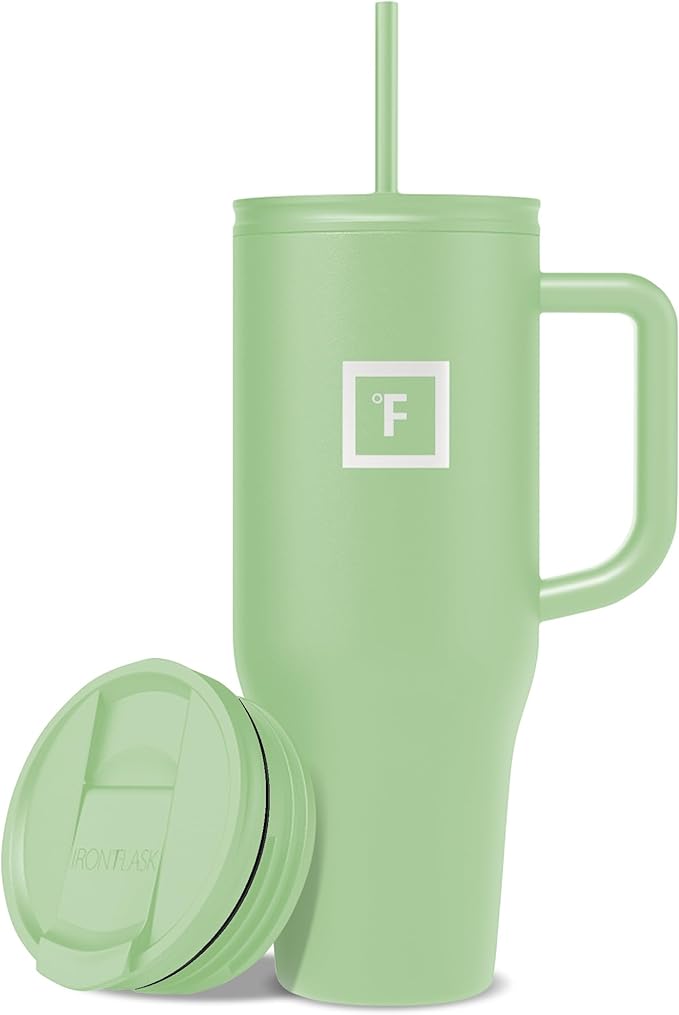 IRON °FLASK Co-Pilot Insulated Mug w/Straw & Flip Cap Lids - Cup Holder Bottle for Hot, Cold Drink - Leak-Proof - Water, Coffee Portable Travel Mug - Apple Green, 40 Oz - Bloomnest