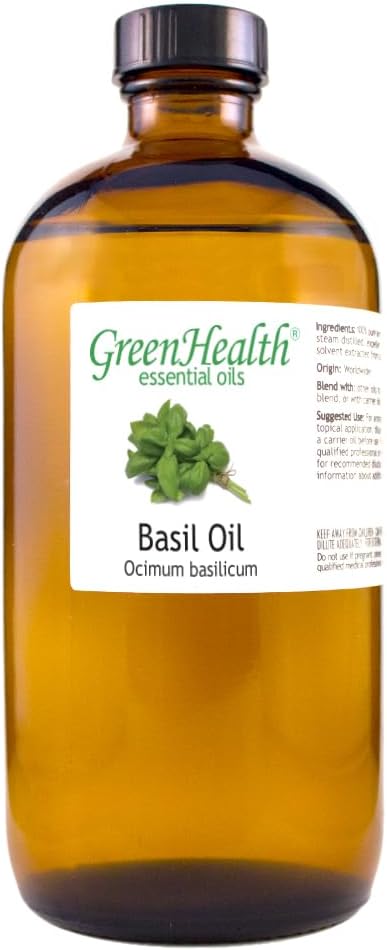 Basil Essential Oil – 16 fl oz (473 ml) Amber Glass Bottle – 100% Pure, Undiluted, Therapeutic Grade – Fresh, Herbaceous Aroma – GreenHealth - Bloomnest