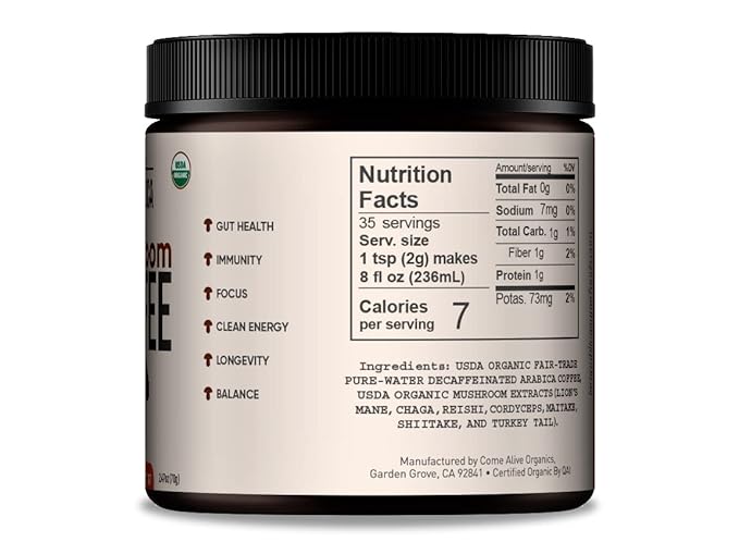 La Republica DECAF Organic Mushroom Coffee (35 Servings) with 7 Superfood Shrooms, Great Tasting Instant Mix Includes Lion's Mane, Reishi, Chaga, Cordyceps, Shiitake, Maitake, and Turkey Tail (Decaffeinated) - Bloomnest