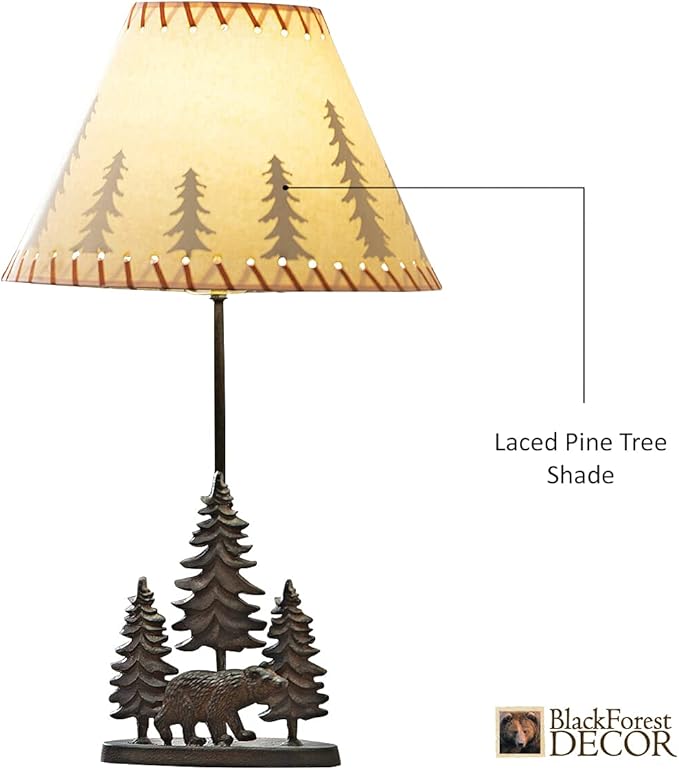 BLACK FOREST DECOR Bear & Trees Metal Table Lamp - Rustic Cabin Lighting - 24.5" x 8" x 3.75" - Bloomnest