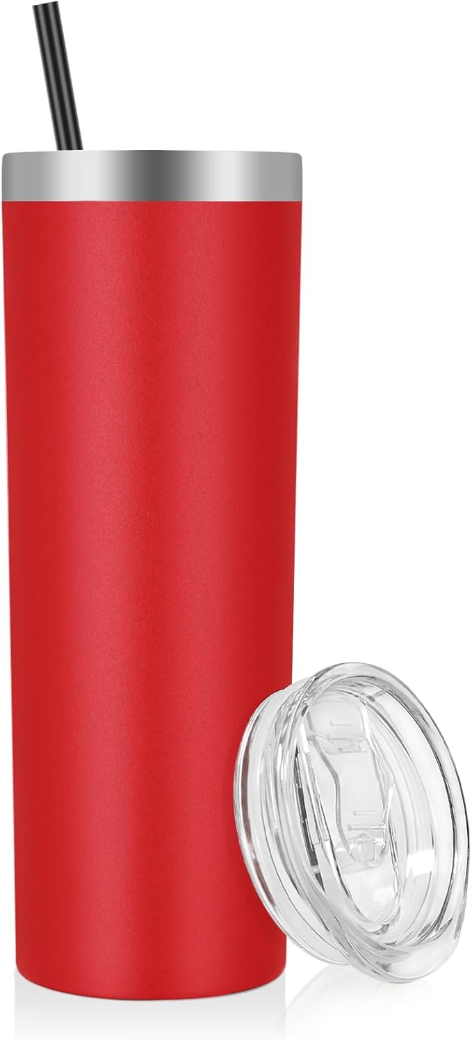 VEGOND 20 oz Stainless Steel Skinny Tumbler with Lids and Straws, 20oz Double Wall Insulated Slim Tumbler Cup for Cold Hot Drinks, Red 1 Pack - Bloomnest
