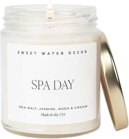 Sweet Water Decor Spa Day Soy Candle - Sea Salt, Jasmine, Wood and Cream Scented Spring Candles for Home - 9oz Clear Jar + Gold Lid, 40+ Hour Burn Time, Made in The USA - Bloomnest