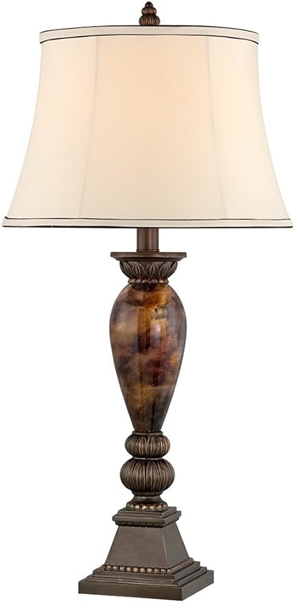 Kathy Ireland Mulholland Traditional Vintage Table Lamp 33" Tall Aged Bronze Golden Faux Marble Off White Bell Shade for Living Room Bedroom House Bedside Nightstand Home Office Entryway - Bloomnest