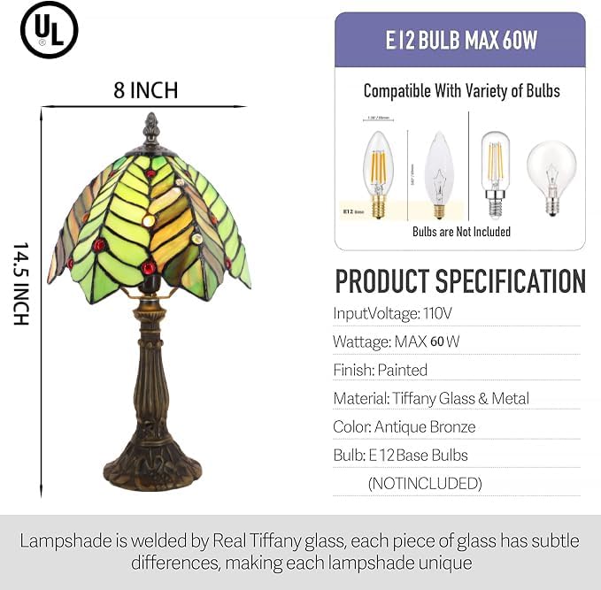 Small Tiffany Lamp Mini Accent Table Lamp Stained Glass Desk Memory Lamp Sympathy 8X14.5 Inch (Brown Green Leaf) - Bloomnest