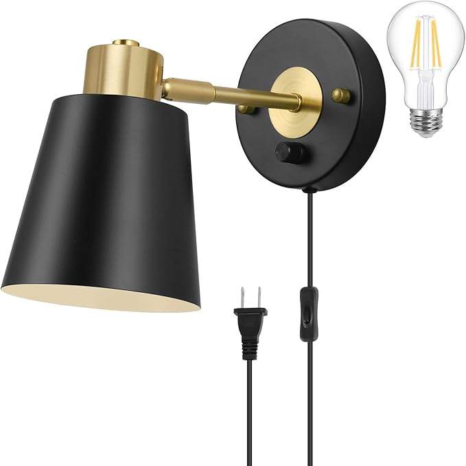 Plug in Wall Sconce, Dimmable Wall Sconce Adjustable Wall Lights with Plug in Cord and Dimmer On/Off Rotary Switch, Wall Mounted Light for Bedside Bedroom Doorway(One Bulb Included) - Bloomnest