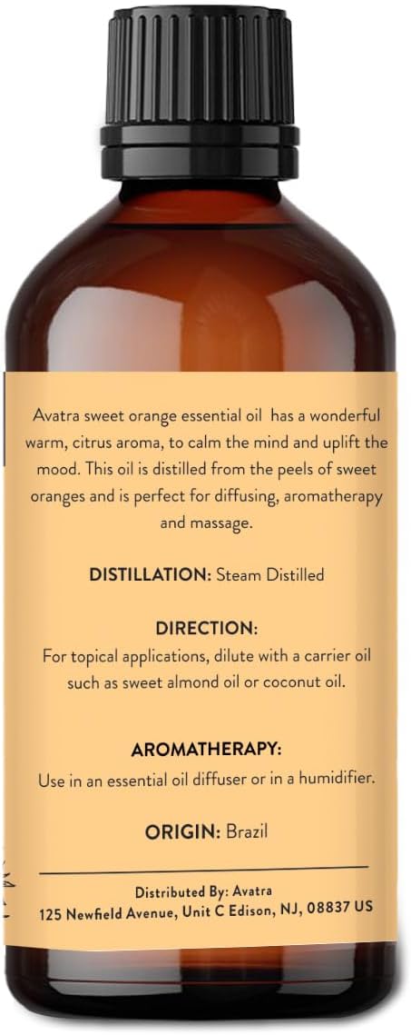 Avatra Brazilian Sweet Orange Essential Oil 100ml (3.38oz) - 100% Pure & Natural Orange Oil with Glass Dropper & Travel Bottle - Premium Essential Oil for Diffuser, Aromatherapy, Massage & DIY Candles - Bloomnest