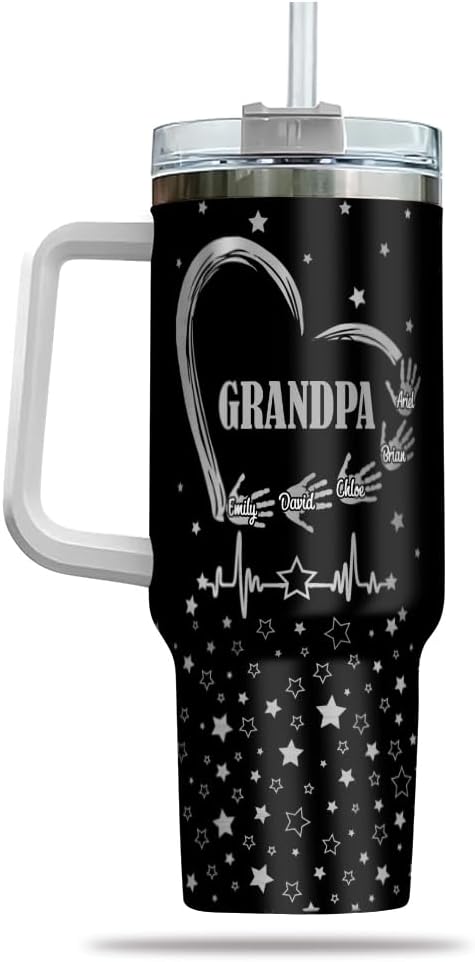 Personalized Grandpa Tumbler – Custom Name Gift With Heart, Stars & Handprints – Grandkids Signature Design – Father’s Day, Birthday, or Christmas - Bloomnest