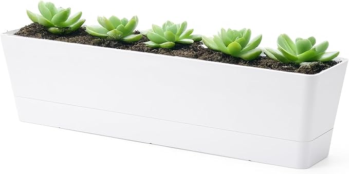 GREANER 16x3.8 Inch Window Boxes Planters, 1PCS White Vegetable Herb Planters with Tray, Indoor Succulent Cactus Flowers Plastic Rectangle Pot for Balcony, Office, Garden, Outdoor, Windowsill - Bloomnest