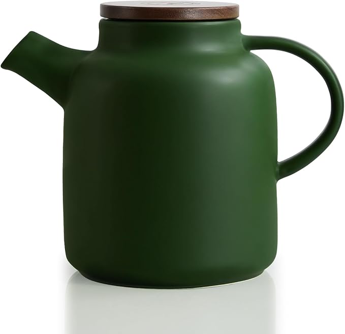 Yundu 1500ml / 50 oz Ceramic Teapot with Infuser & Wood Lid - Matte Green, Loose Leaf Tea Pot with Removable Strainer, Large Capacity - Bloomnest