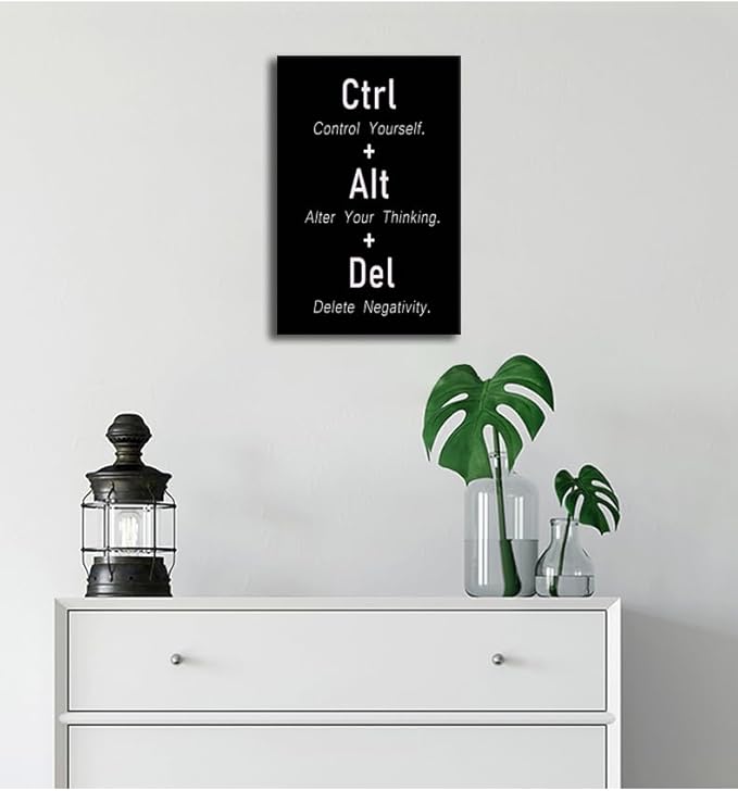 Motivational Wall Art CTRL ALT DEL Control Yourself Alter Your Thinking Delete Negativity Inspirational Wall Decor Positive Quotes For Workplace Office Home Bedroom Framed [12" W X 18" H] - Bloomnest