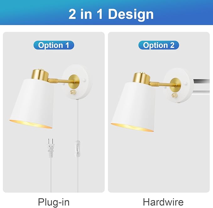 Plug in Wall Sconces, Dimmable Wall Sconces Adjustable Wall Lights with Plug in Cord and Dimmer On/Off Knob Switch, White Wall Mounted Light for Bedroom Bedside Stairway(2 Pack, 2 Bulbs) - Bloomnest