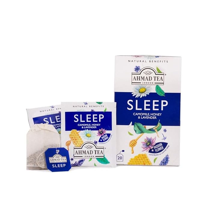 Ahmad Tea Herbal Tea, Camomile, Honey, & Lavender 'Sleep' Natural Benefits Teabags, 20 ct (Pack of 1) - Decaffeinated & Sugar-Free - Bloomnest