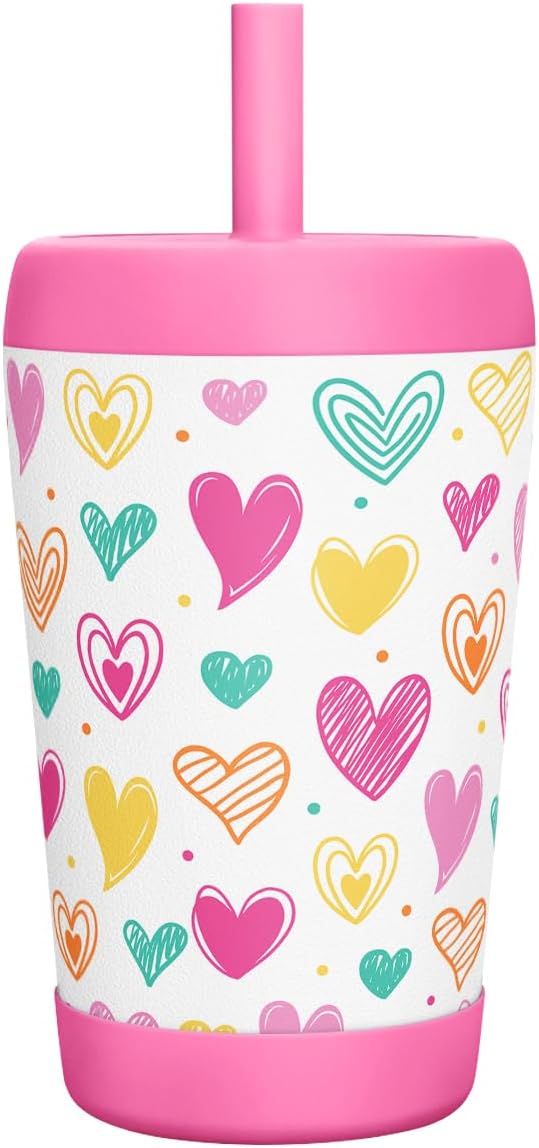 Kid Insulated Stainless Steel Tumbler with Silicone Straw, 12oz Sippy Cup for Kids (Playful Hearts) - Bloomnest