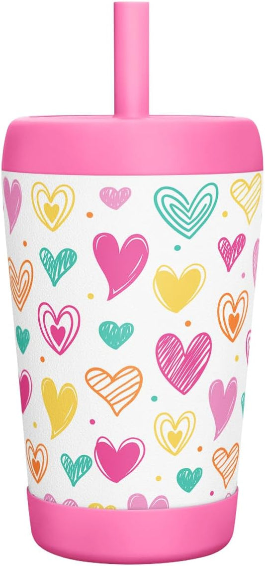 Kid Insulated Stainless Steel Tumbler with Silicone Straw, 12oz Sippy Cup for Kids (Playful Hearts) - Bloomnest