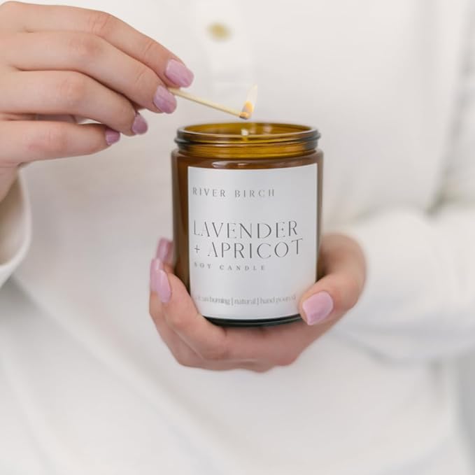 River Birch Candles Lavender + Apricot Scented Candle | Premium, All-Natural, Non-Toxic, Soy Wax, Amber Jar | 8.5oz 40 Hr Burn Time | Cozy Relaxing Gifts for Home - Bloomnest