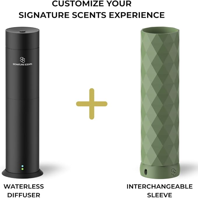 Waterless Essential Oil Hotel Scent Diffuser - Cold Air Diffuser - Covers 1000 sq. ft. - Waterless Diffuser for Home, Office & Hotel (Black + Interchangeable Sleeve) (Black + Matte Green Sleeve) - Bloomnest
