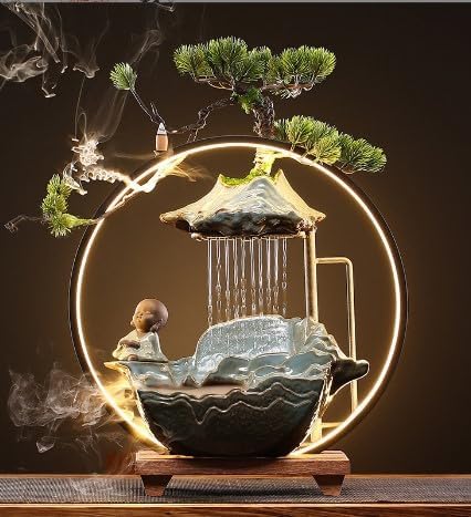 Tabletop Water Fountain, Indoor Waterfall with Round LED Light Ceramic Meditation Monk, Mist Maker and Incense Holder for Home Office Decor - Bloomnest