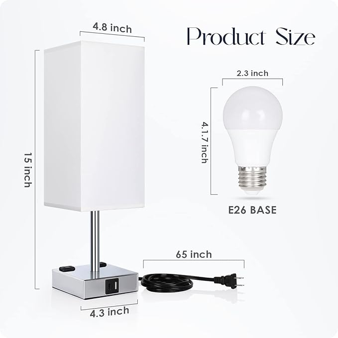 Bedside Lamp with USB Ports - Touch Control Table Lamp for Bedroom with USB C+A Charging Ports & AC Outlets, 3 Way Dimmable Nightstand Light for Living Room (LED Bulb Included, Chrome - White) - Bloomnest