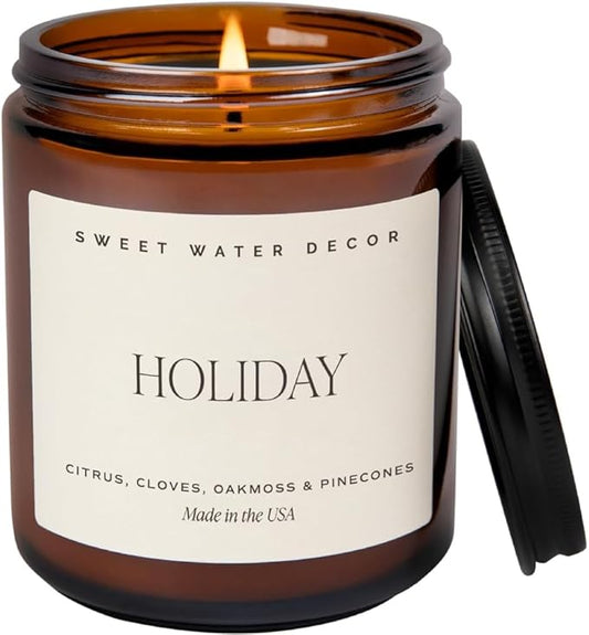 Sweet Water Decor Holiday Candle | Cloves, Pine, and Sandalwood Festive Christmas Scented Soy Candles for Home | 9oz Amber Jar, 40 Hour Burn Time, Made in The USA - Bloomnest
