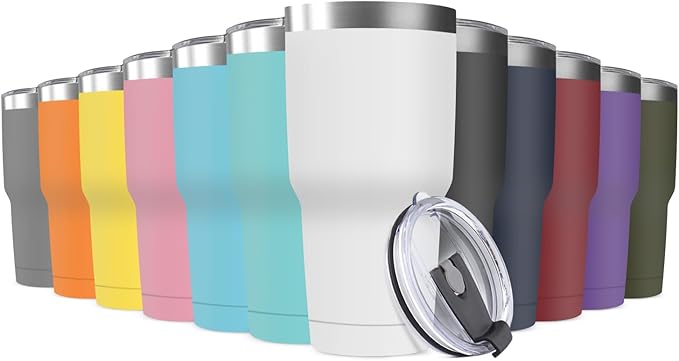 30oz Stainless Steel Travel Mug with Lid, 12 Pack Double Wall Vacuum Insulated Bulk Tumbler, Powder Coated Coffee Cup Suitable for Vehicle Cup Holders (Assorted Colors) - Bloomnest