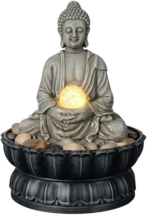 Kalona Tabletop Buddha Waterfall Fountain, Meditating Buddha Zen Fountain with LED Glass Orb, Relaxing Desk Water Feature for Home Office Decor(21127B) - Bloomnest