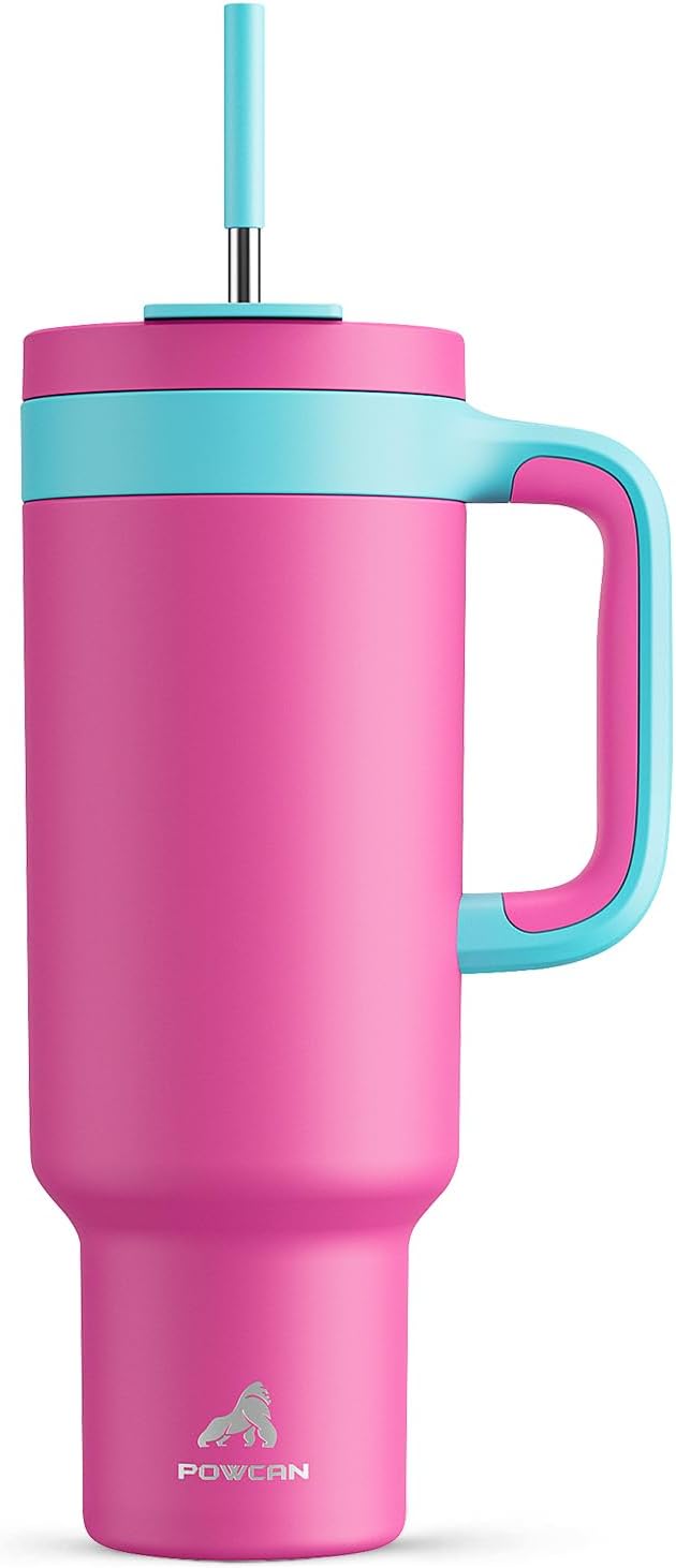 POWCAN 50 oz Tumbler with Handle, 2-in-1 Straw and Sip Lid, Leakproof, Dishwasher Safe, Insulated Stainless Steel Travel Coffee Mug, Keeps Cold for 34 Hours, Fits in Car Cup Holder (Petal) - Bloomnest