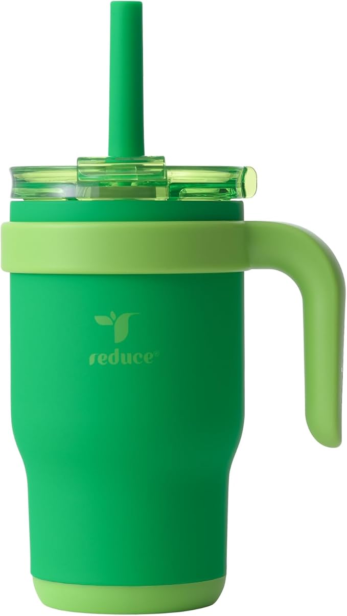 REDUCE 14 Oz Coldee Kids Tumbler with Lid and Straw - Coldee Insulated Travel Mug - Spill-Proof, Sweatproof Stainless Steel, BPA-Free - Includes Handle, Reusable Silicone Straw - Clover Green - Bloomnest