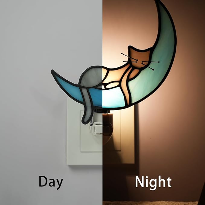 BOXCASA Cat on Moon Decor Stained Glass Night Lights Plug Into Wall Decorative,Night Light Plug in Decor for Children's Room Kitchen Toilet Bathroom,Cats Themed Gifts for Women Cat Lover - Bloomnest