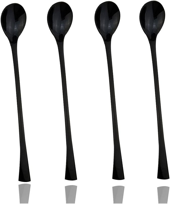 JASHII 18/10 Stainless Steel 4 Piece Mirror Polished Black Long Handle Ice Cream Spoon and Coffee Server Utensil Set - 18CM - Bloomnest